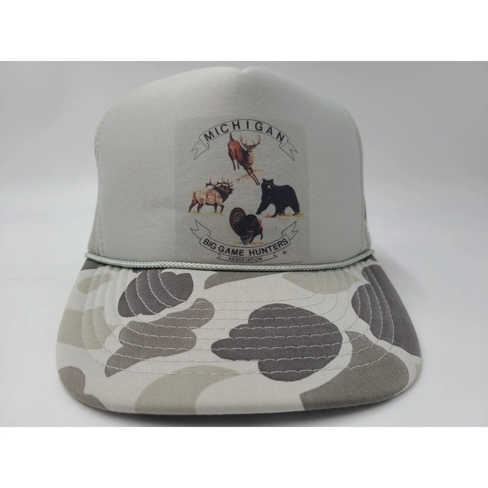 Vintage Michigan Big Game‎ Hunters Association Camo Rope Snapback Hat Cap Gray